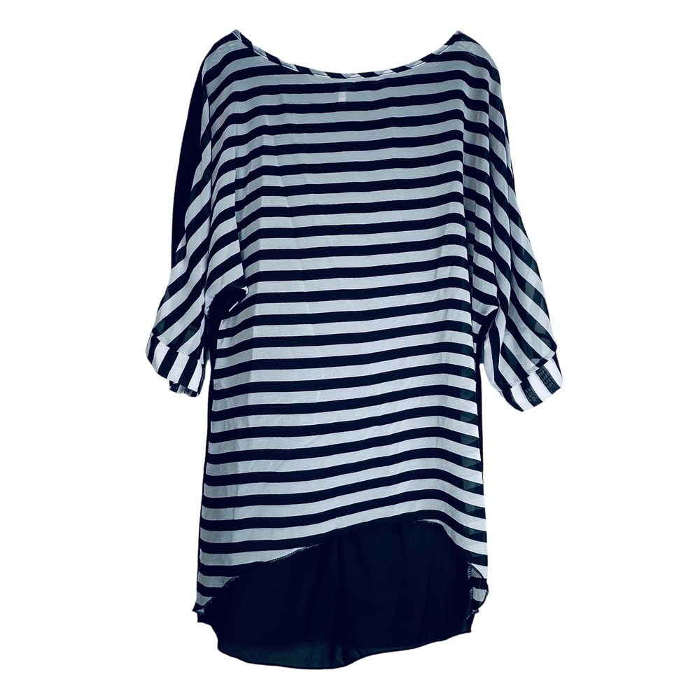 Lucky Black White Striped Sheer High Low Tunic Blouse Medium